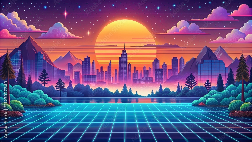 Poster panoramic pixelated game background for retro gaming environments featuring vibrant colors and abstr