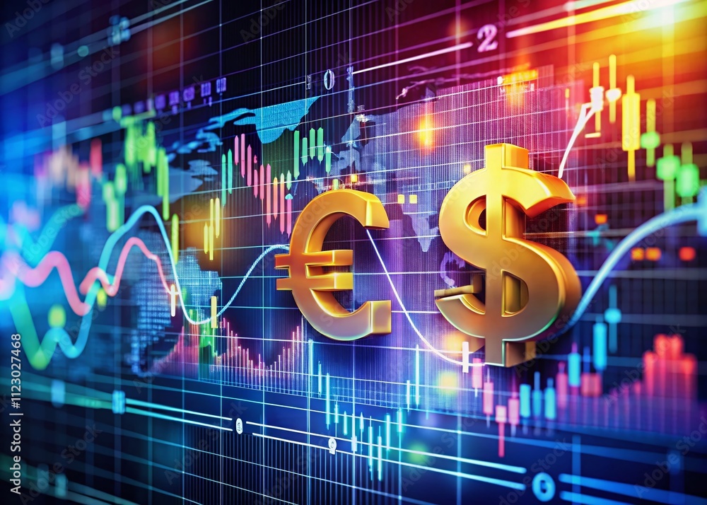 Poster panoramic view of 3d rendered dollar vs euro exchange rates fluctuations with graphical representati