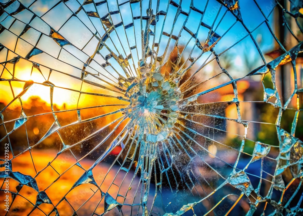 Poster panoramic view of a cracked window pane with intricate patterns of shattered glass pieces, capturing