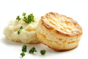 Composition of two cheddar biscuits mashed potatoes nearby. White background. High-resolution image. Perfect stock photo; side view