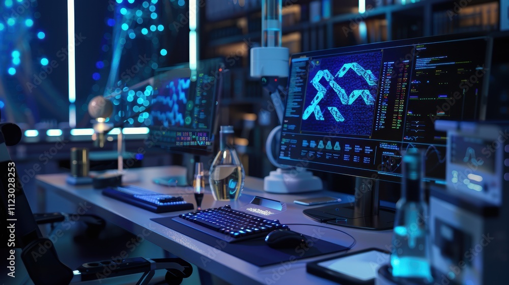 Poster high-tech bioengineering lab with genetic samples and dna sequence analysis monitors
