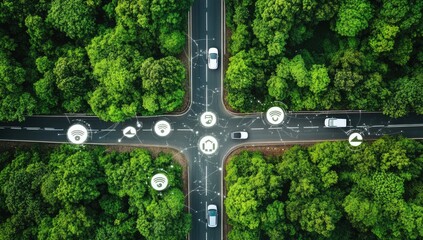 Aerial view of a forested intersection with digital icons representing connectivity and nature.