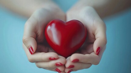 Close-up of female hands cradling a red heart symbolizing World Blood Donor Day on a pastel blue background with space for a message or advertisement