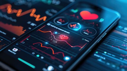 Obraz premium Wearable Heart Monitor App Interface Displaying Health Metrics and Data Visualization
