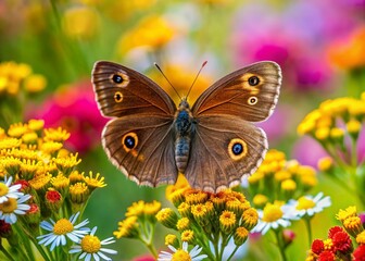 Obraz premium Panoramic View of a Ringlet Butterfly (Aphantopus hyperantus) Delicately Feeding on Vibrant Flowers in a Lush Green Meadow Surrounded by Nature's Beauty and Serenity