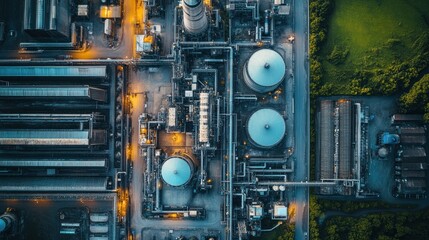 Fototapeta premium Aerial view of a waste-to-energy plant surrounded by green fields and industrial areas