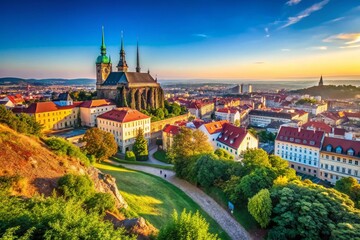 Naklejka premium Panoramic View of Brno from Spilberk Castle Hill Showcasing the Cityscape, Historic Architecture, and Lush Greenery with Copy Space for Text Overlay