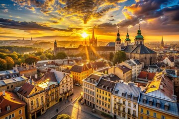 Fototapeta premium Panoramic View of Cityscape Bathed in Warm Golden Hour Light Showcasing Buildings and Skyline with a Dramatic Sky Enhancing Urban Beauty During Sunset