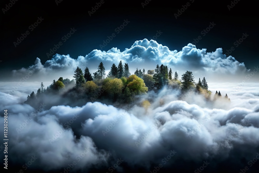 Poster panoramic view of ethereal fog and white clouds isolated on a black background for design use, creat