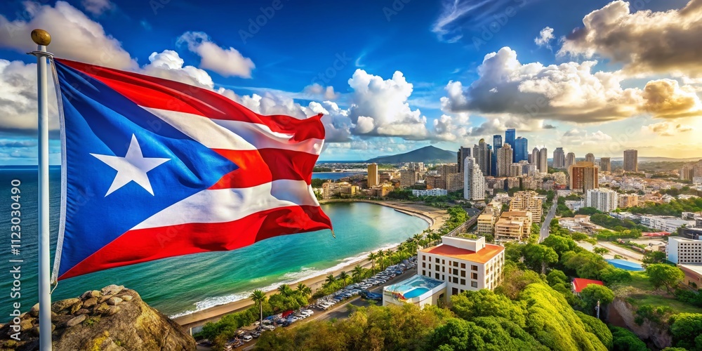 Poster panoramic view of puerto rico flag on the right side with expansive blank copy space for custom text