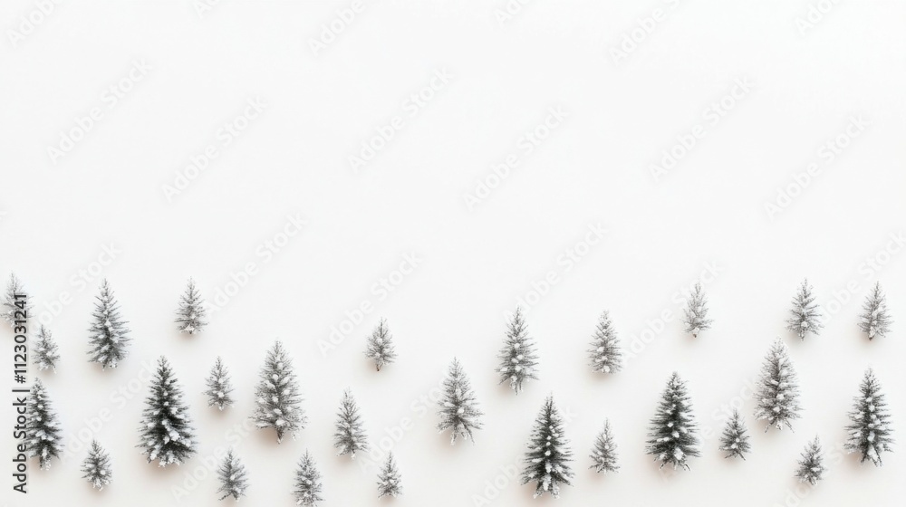 Poster minimalist design with small frosted pine trees and scandinavian-style accents on a white background