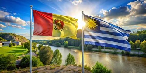 Panoramic View of Uruguay Flag and Belgium Landscape Symbolizing Travel and Immigration Consultancy for Visa Services