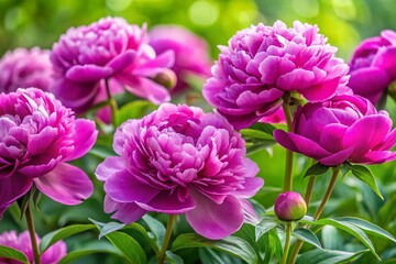 Obraz premium Panoramic View of Vibrant Purple Peonies in Bloom Against a Soft Floral Background, Capturing the Beauty of Nature with Lush Petals and Rich Colors