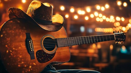 Acoustic Guitar with Cowboy Hat in a Rustic Bar Setting