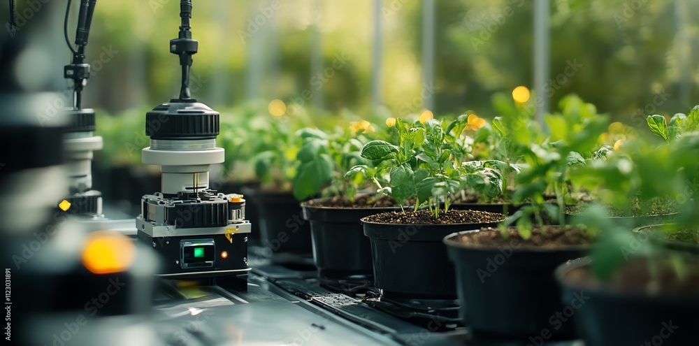 Aufkleber automated systems tending to potted plants in a greenhouse environment.