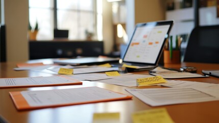 Business plan documents spread across a modern office table, showcasing company growth ideas, a laptop in the background, startup strategy