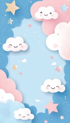 Cute Baby Shower Card Template with Pink and Blue Clouds and Stars for Personalization