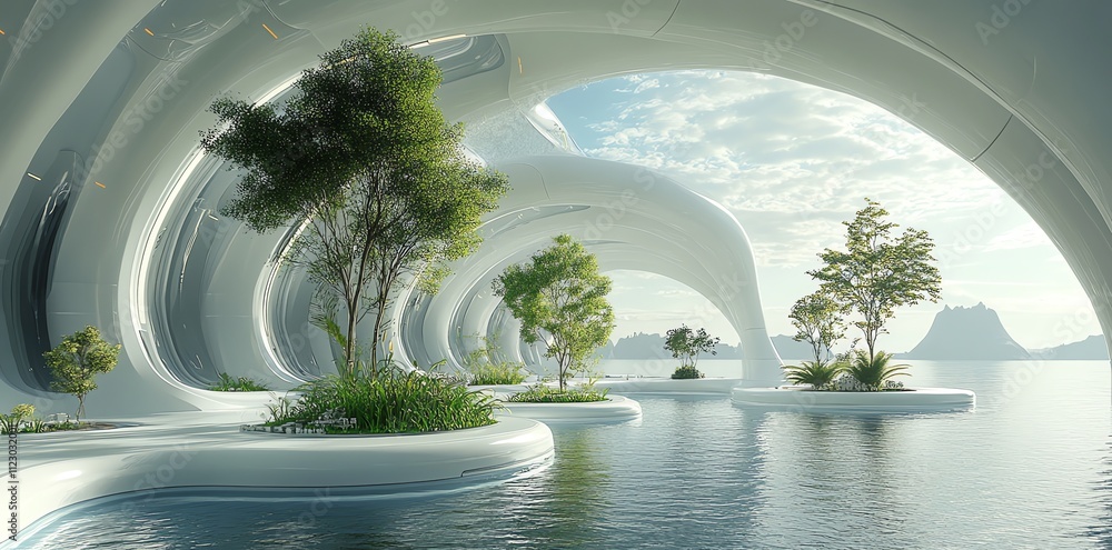 Poster futuristic architectural space with organic forms and greenery by water.