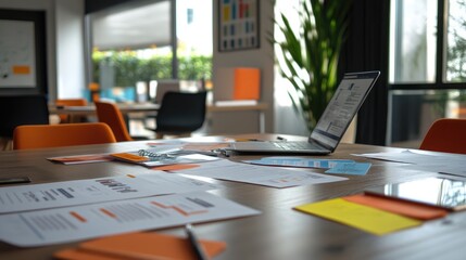 Naklejka premium Business plan documents spread across a modern office table, showcasing company growth ideas, a laptop in the background, startup strategy