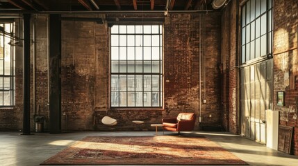Industrial loft with exposed brick walls, large factory windows, and modern minimalist furniture, illuminated by warm industrial lighting