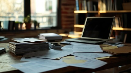 Business plan documents spread across a modern office table, showcasing company growth ideas, a laptop in the background, startup strategy 