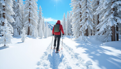Person snowshoe hiking on a snowy trail through pine trees under bright sunlight, representing winter snowshoeing trips