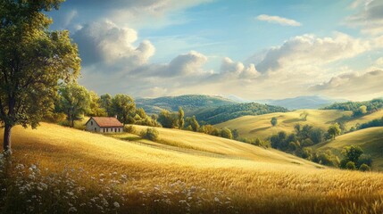 Obraz premium A peaceful countryside landscape with rolling hills, golden fields, and a cozy cottage nestled among the trees