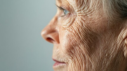 Fototapeta premium A side profile of an older woman's face, showcasing deep wrinkles and folds.
