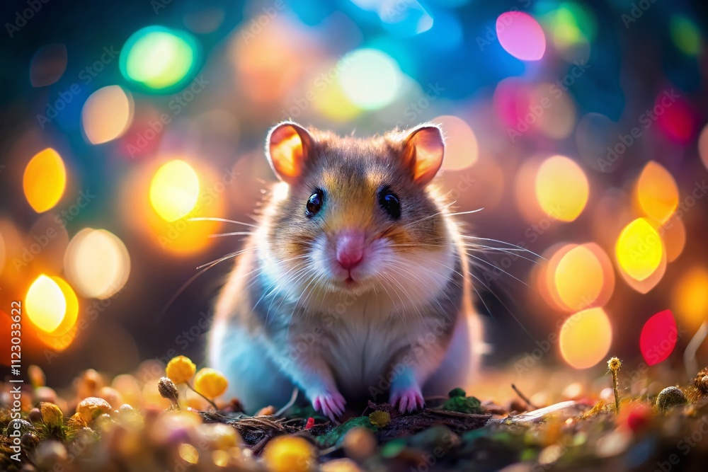 Poster playful pal: a hamster joyfully exploring its colorful habitat with bokeh effect surrounding it, cap