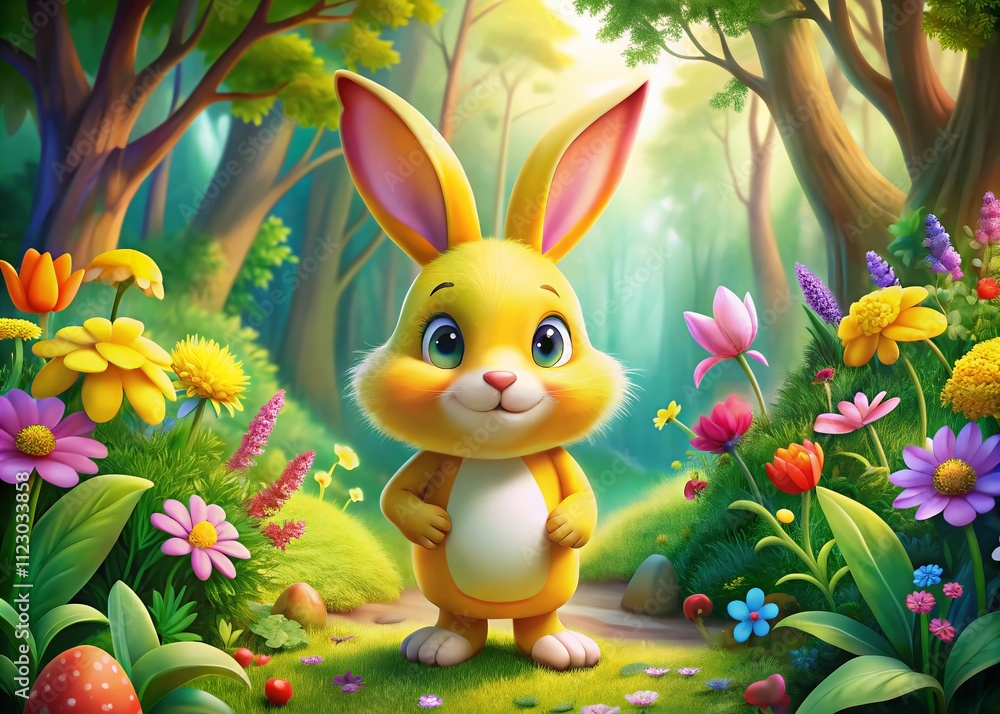 Poster playful yellow rabbit cartoon character in a whimsical forest setting, emphasizing the rule of third