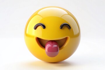 Fototapeta premium Playful Yellow Emoji Face with Tongue Out in Minimalist Style, Glossy Finish, 3D Rendered on White Background, Perfect for Expressive Designs and Fun Illustrations