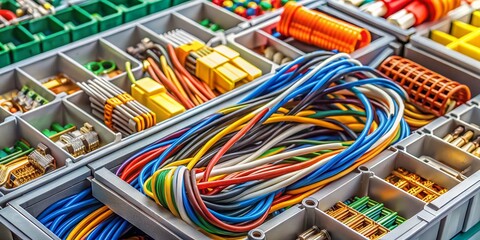 Power Cable Terminals in a Box: Close-Up of Electrical Connectors and Wiring for Industrial Applications and Home Improvement Projects