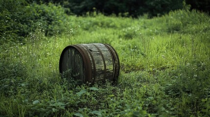 Obraz premium A single weathered wooden cable drum surrounded by overgrown weeds in an abandoned field.
