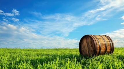 Obraz premium A single wooden cable drum standing on lush green grass under a bright blue sky.