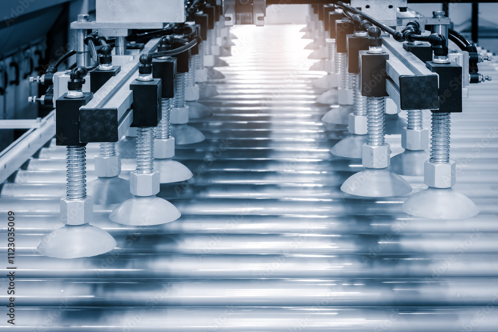 Poster a conveyor belt with a machine that has a white object on it. the conveyor belt is long and it is ma