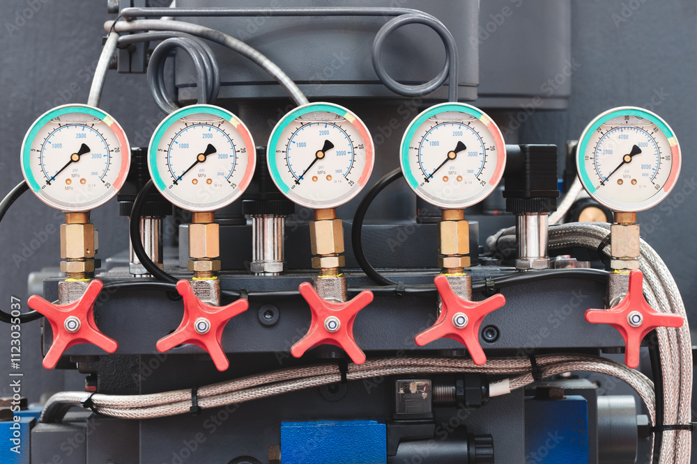 Poster a group of valves with red handles are connected to a machine. the valves are labeled with numbers