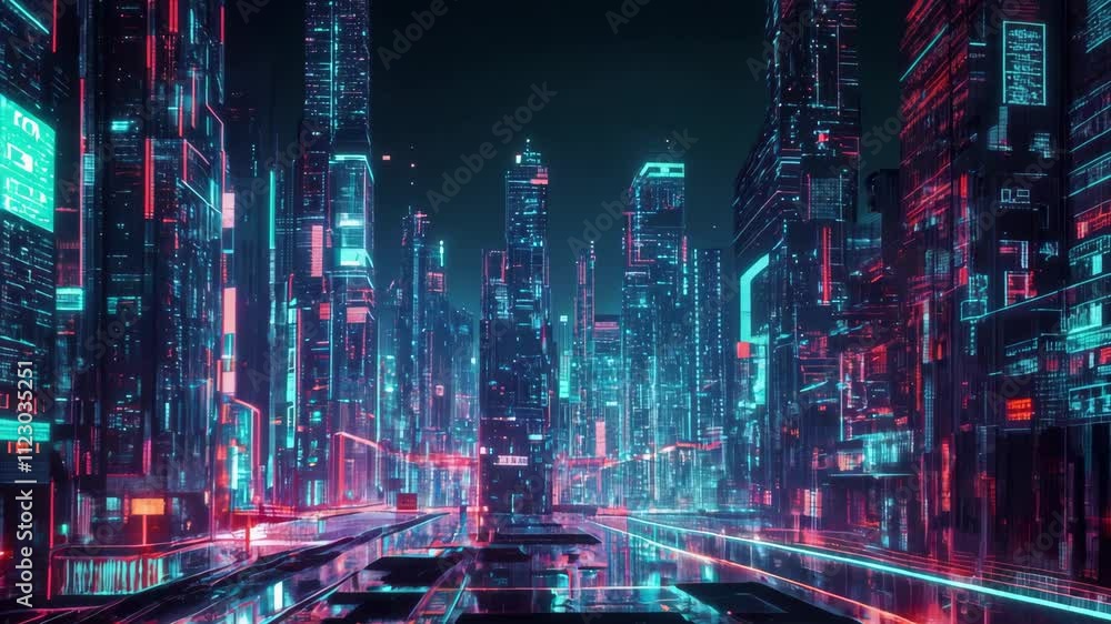 Wall mural Cyberpunk city showcases vibrant neon lights and digital screens illuminating buildings at night. A camera moves forward along a bustling street, revealing a futuristic urban landscape