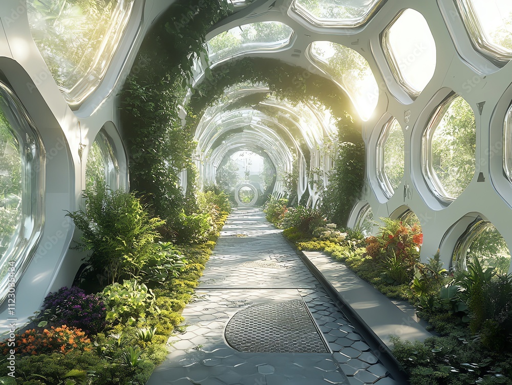 Poster a futuristic corridor filled with greenery and natural light, blending architecture and nature.
