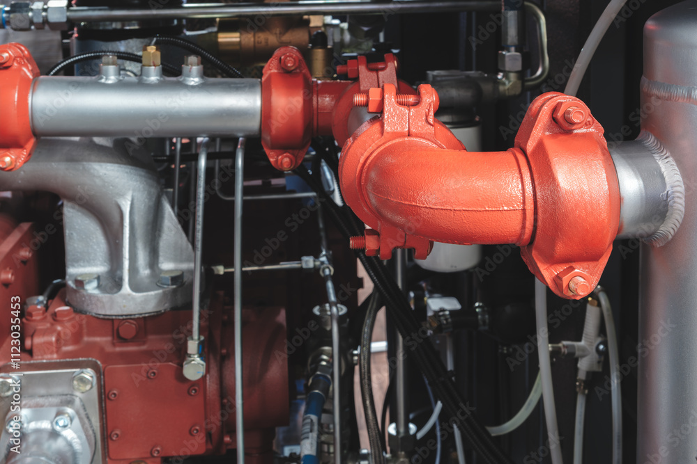 Poster a red pipe with a white cap. the pipe is attached to a machine