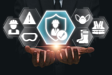 Illustration of work safety concept featuring protective gear and safety icons, emphasizing...