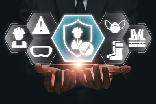 Illustration of work safety concept featuring protective gear and safety icons, emphasizing workplace security and accident prevention.