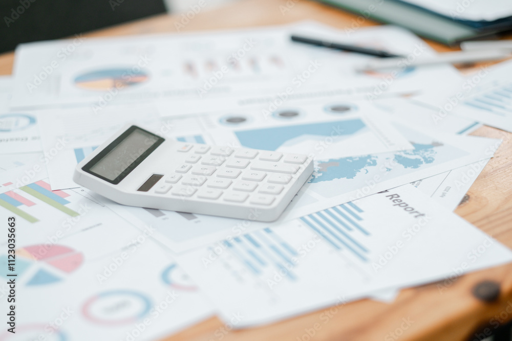 Aufkleber a calculator resting on financial reports with colorful graphs and charts, symbolizing business anal
