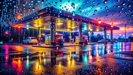 Obraz premium Rainy Night at a Gas Station Viewed Through a Car Window with Colorful Neon Lights and Reflections Creating a Moody Atmosphere