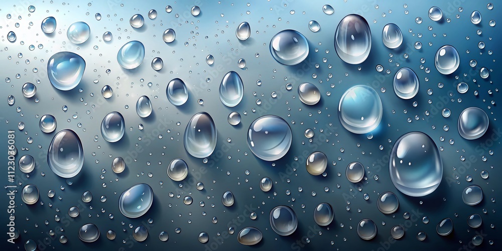Poster realistic 3d illustration of rainwater drops on a grey glass surface with smooth droplets and liquid