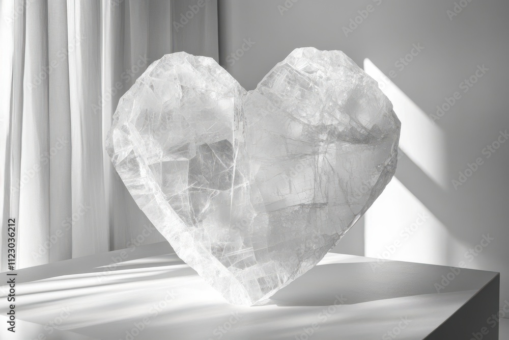Aufkleber an artistic display of a clear heart-shaped stone with minimalistic lighting and detailed chisel mar