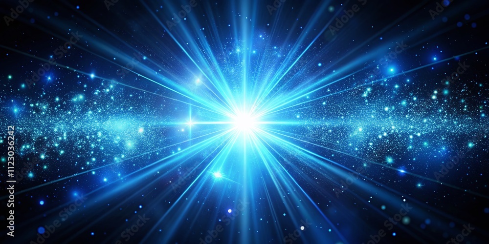 Poster realistic blue starburst lighting with sparkling particles and bright flare effect creating a glowin