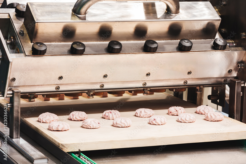 Aufkleber a machine is making cookies. there are many cookies on the conveyor belt. the machine is silver