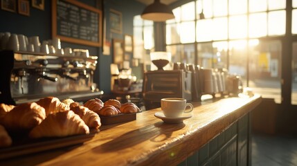 Sunny Cafe Morning with Pastries and Coffee by the Window