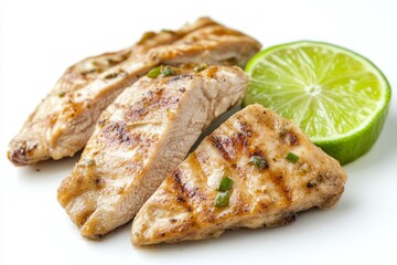 A close up shot of the grilled chicken fillet and fresh lime wedges, a live shot above the food on the white table