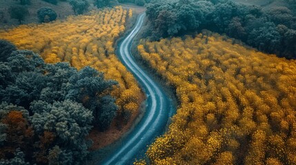 Fototapeta premium an aerial view of a road in the middle of a field